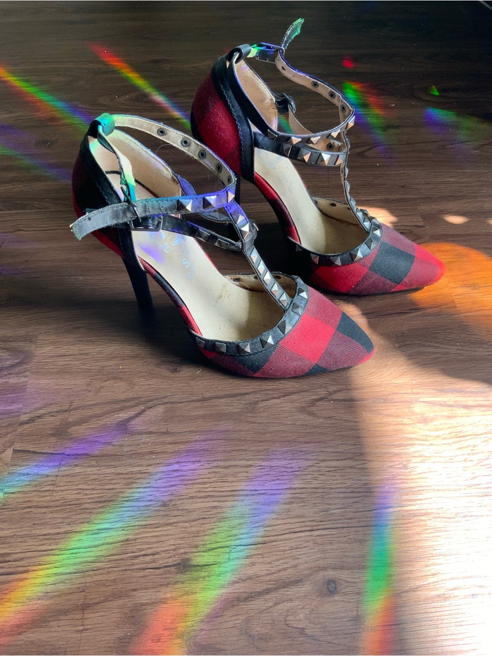 Rue21 Red and Black Plaid Studded T-Strap Heels
